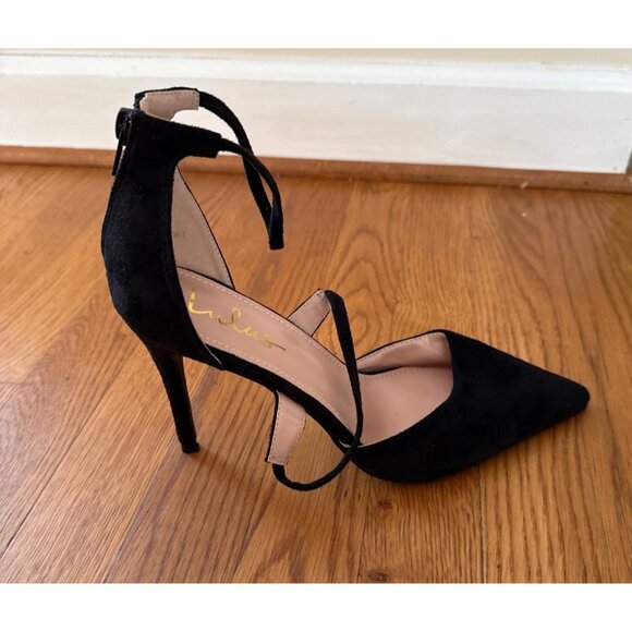 Lulus Stiletto Heels Black Suede Like Pointed Toe Ankle Strap Back Zipper 10 - Picture 10 of 11